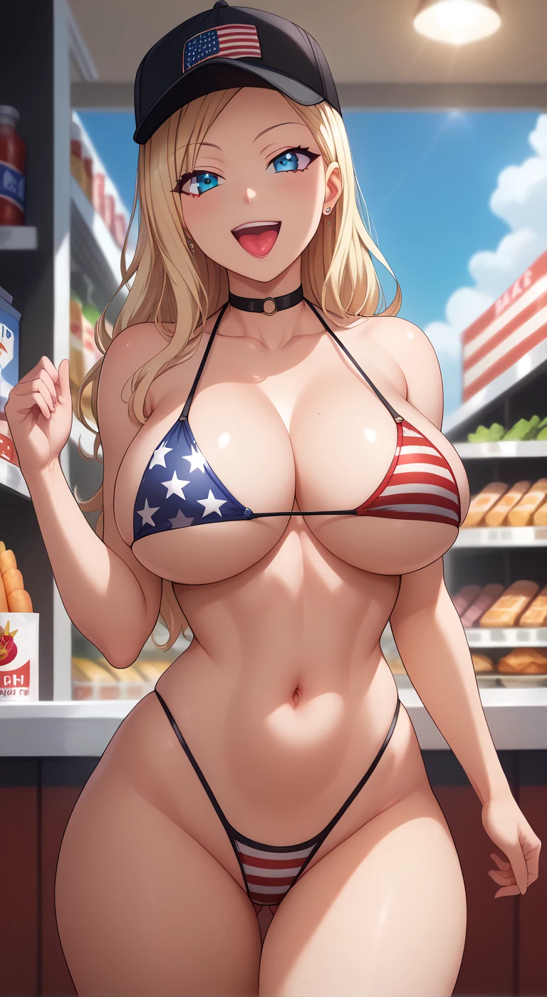 (best quality:1.2), 1girl, (masterpiece:1.2), raytracing, cute face, perfect face, ultra detailed,detailed face, 8k wallpaper, wide hips, MitoIkumi_NDV, 1girl, green eyes, blonde hair, short hair, large breasts, (dark skin, dark-skinned female:1.2), flag print, meat, american flag, american flag bikini, american flag print, skirt, cleavage, white shirt, outdoor, smile