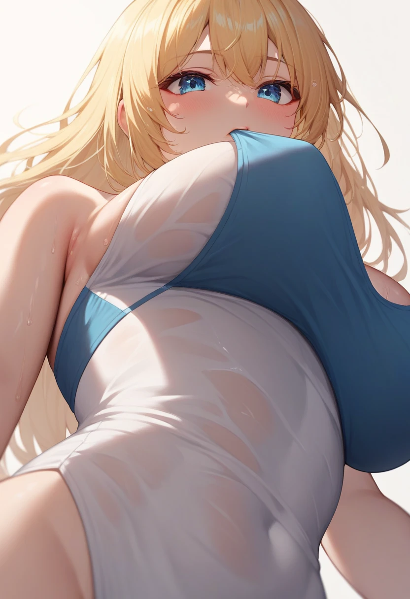 highest quality、Best image quality、masterpiece、One Girl、26 years old、Best Bust、Big Breasts、Beautiful Eyes、Blonde Hair, Green Eyes、ponytail、At the personal gym、from above, nsfw, missionary position, spread legs, (legs up), lying, Bikini Top Holder, White leggings、sweat, blush, narrow eyes, On the floor, Natural light、Shallow depth of field、Lens flare、
