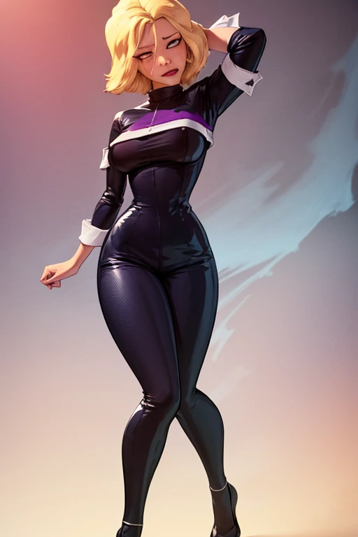 Ahsoka, with black pantyhose, backwards, with thin blue heels, with a tight blue top, looking surprised at the viewer 