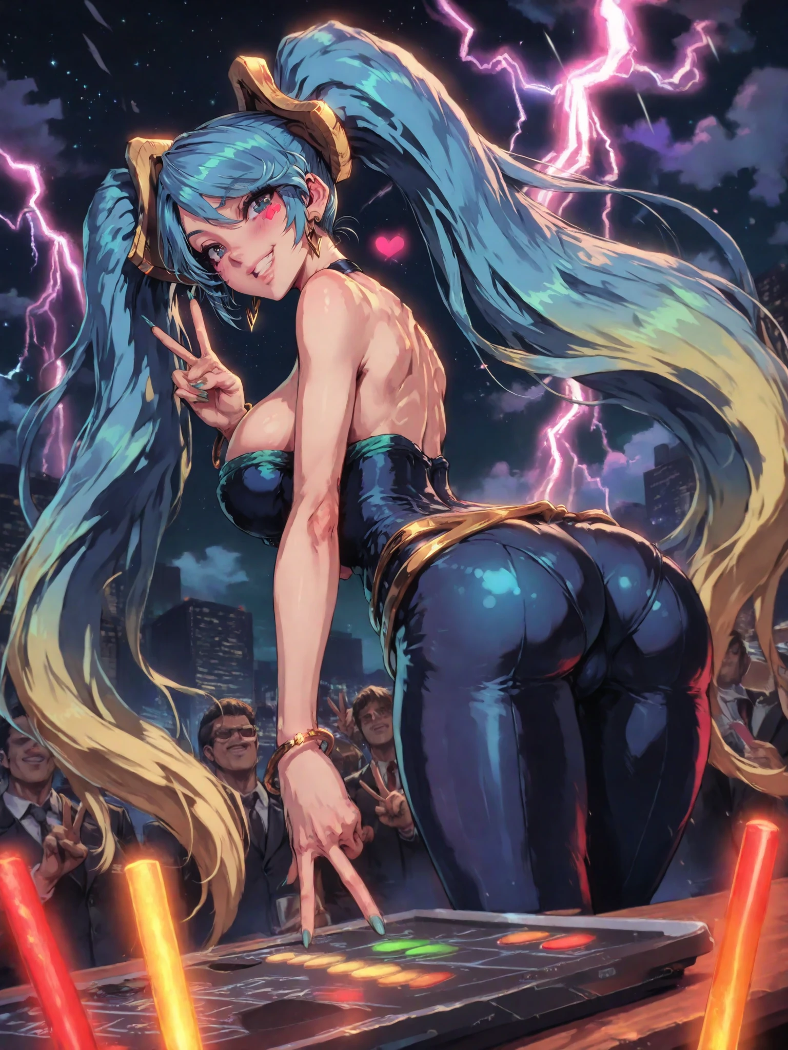masterpiece, ultra detailed, 4k resolution, cinematic lighting, dynamic angle, perfect anatomy, natural proportions, expressive faces, realistic shadowing, smooth ambient occlusion, Sona from the game League of Legends in her DJ Sona skin with her mixing board, on a stage, lots of people and light sticks of different colors, standing, view from behind and a little above, taking a selfie looking and smiling at the camera, making V with her fingers, heart emotes as a filter on the image, cool colors, bright color tracing, perfect lighting, lightning, dark sky, some stars, smaller buildings in the background