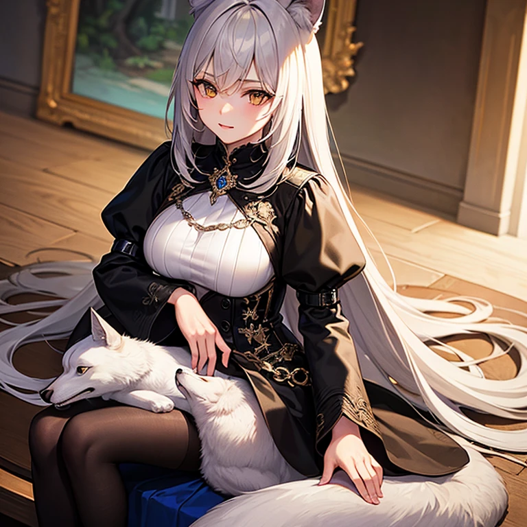 tmasterpiece,Anime style,White color hair,White fox tail,White fox ears,white stockings,Lie on the ground,Telescopic shot --auto