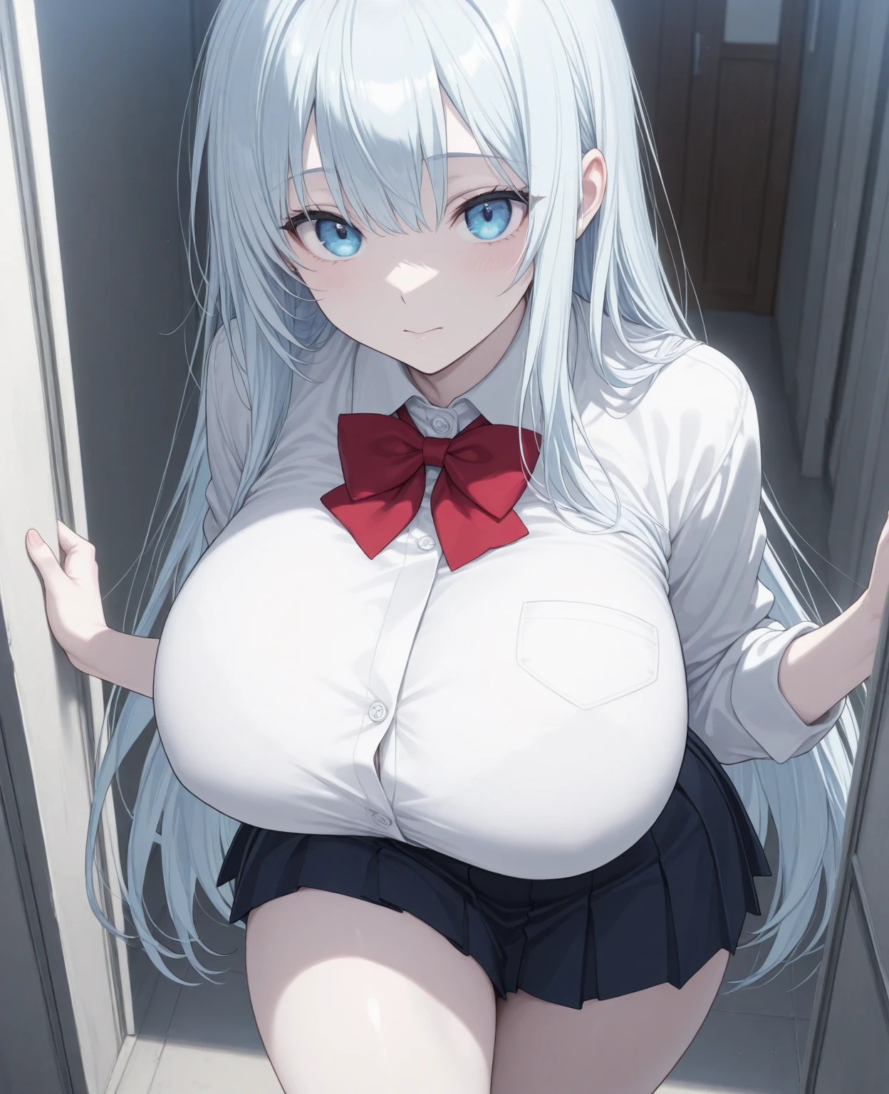 (Gawr Gura:1.2), (shark teeth:1.1), wearing (blue skirt:1.1) with (red thong:1.1), (lay on the bed), spread legs, (open shirt), (presenting self), (hotel room), (waiting to get hug), cute, masterpiece, 4K, (detailed hand and finger:1.1), (white shirt), (showing thighs), (visible stomach), embarrassed look, bending over, (visible navel), wet skin, (horny face), (detailed face and eyes:1.1), (huge breasts:1.1), (bimbo), (deep cleavage:1.1), (labia outline:1.2), (teat outline:1.2).