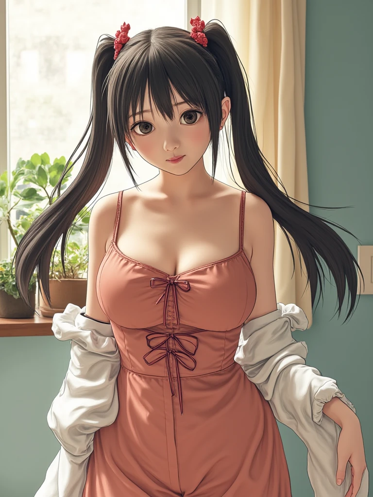 masterpiece, illustration, ginger hair, long hair, pink bow on hair, plump puckered lips, cute smile, brown eyes, big boobs, thick thighs, tiny shirt, cleavage, staring at viewer, short skirt