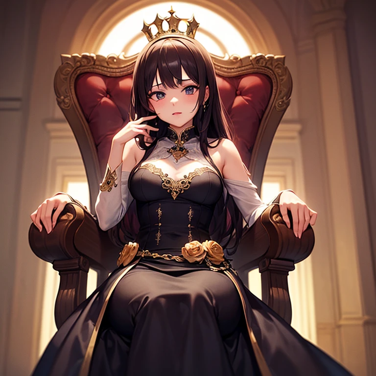 Portrait of an evil girl she holds a beautiful crown in her hand and she sits on a black throne, Black long hair, a stern look, pixel art
