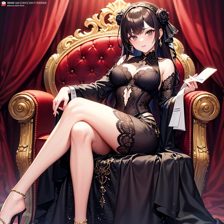 indonesia girl wearing a dark corset bustier kebaya with a beautiful black and gold mini tutu skirt, stocking, high heels, cute expression, sitting on a chair in a studio photoshoot sitting with
a slightly dark golden background and falling cherry blossom, a full body masterpiece, with back lighting effect and shadow under her feet.