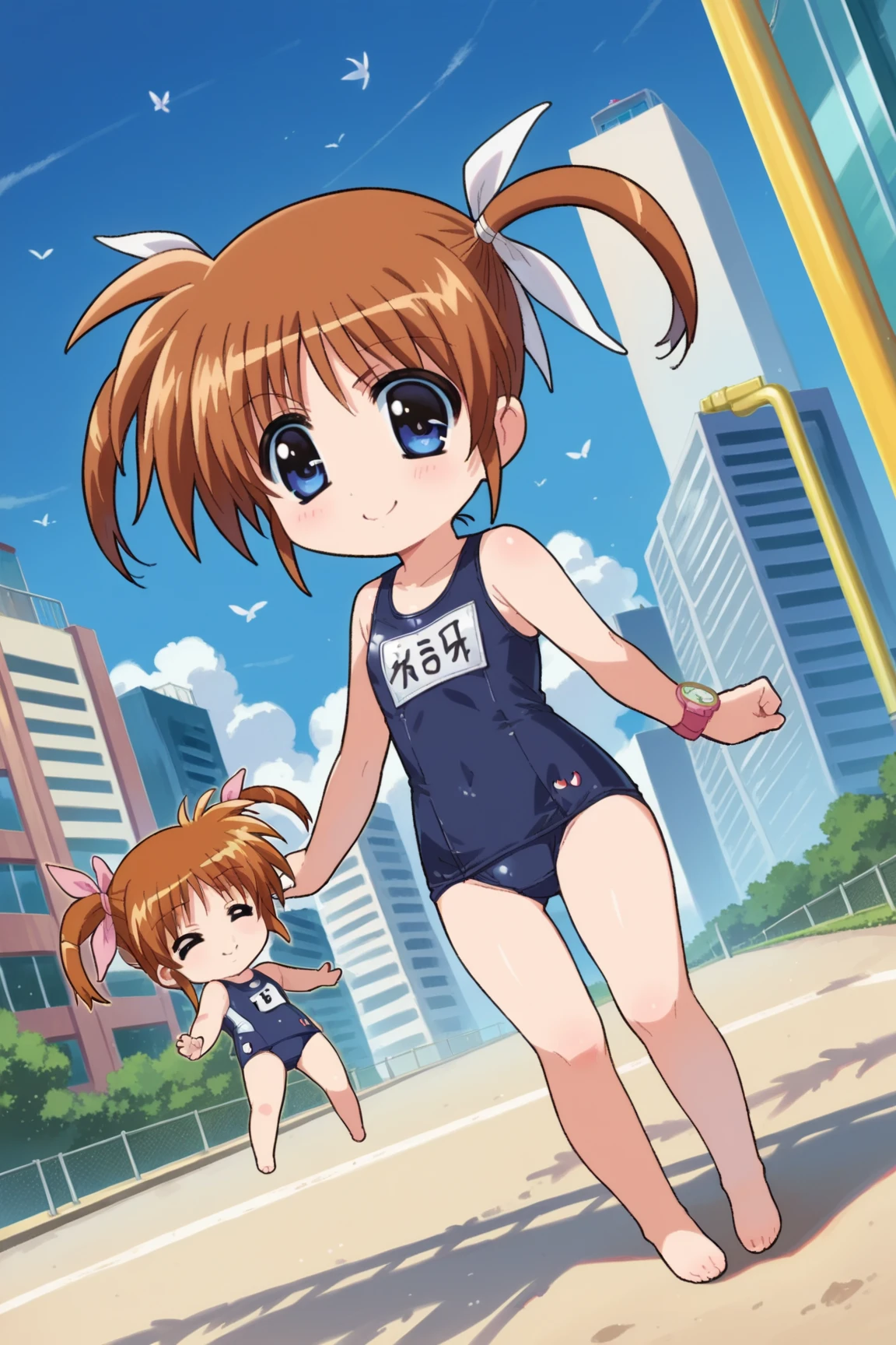 1 girl，Blushing，embarrased, sitting, (((female giant)))，Giantess art, Giantess, The girl is 50 meters tall，((Full body shot)), ((Cute anime girl)), ((Cute schoolgirl)), (((One-piece blue swimsuit))), ((Tight Swimsuit)), ((cameltoe)), 1 anime girl, ((Straight brown hair)), sitting in the middle of a modern miniature city, towering over buildings, ((Leaning forward)), ((looking to viewer)), ((front footage)), ((perfect legs)), ((thick thighs)), squatting over modern miniature city，in the middle of a tiny miniature city, a girl taller than buildings, sitting between buildings, ((tiny people under her))