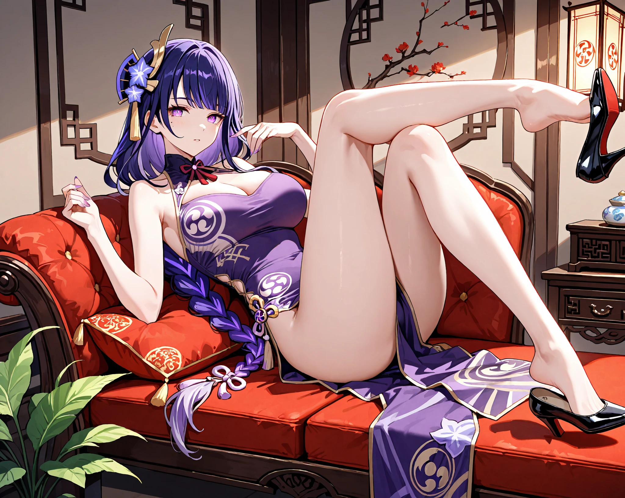masterpiece, gorgeous face, 1girl, solo, leg fishnets, violet hair, very large breasts, veil, Greek clothes, almost naked