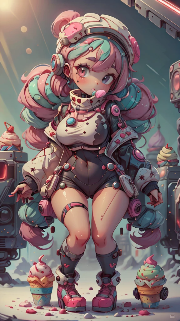 Plastic Lan 00D, 1girls, Chibi T-Shi, cyberpunked, Luxury fabric, hesitate, Ice cream texture,profound, Striped background