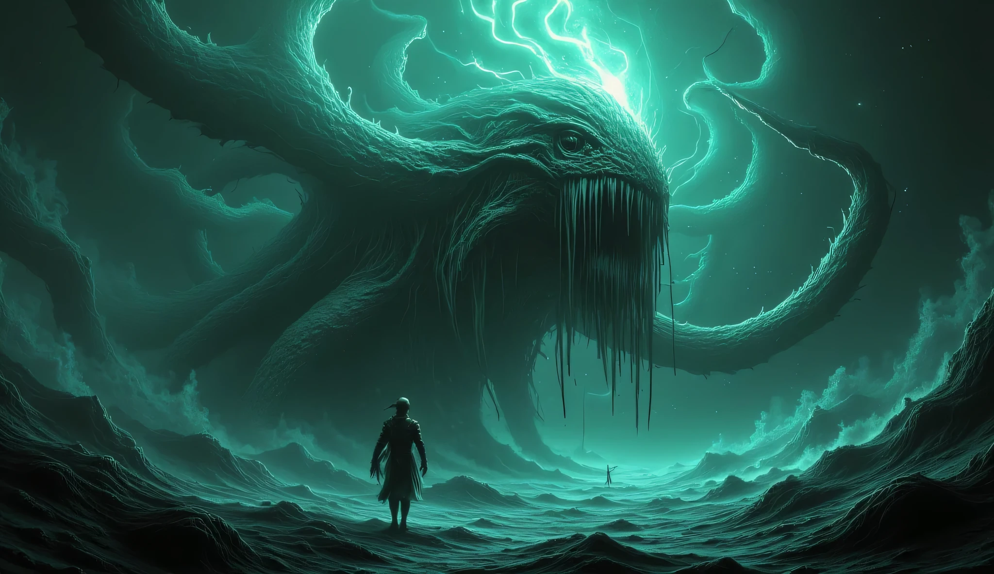 Eldritch horror from the deep sea, cosmic horror style, tentacled monstrosity, dark waters.