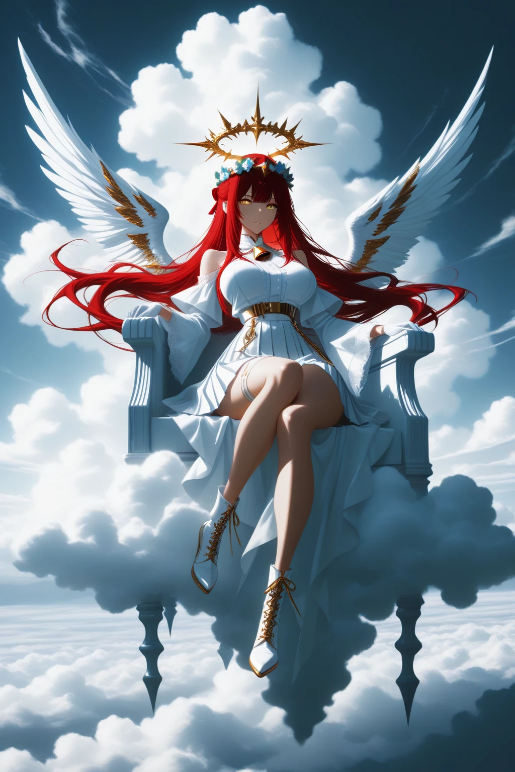 1 girl ,golden eyes , very long hair , long sidelocks, red hair , petite , very cute , beautiful ,Straight hair, cool, handsome, hair ween eyes, , mediumlarge , cool, wings, huge angelwings, halo, beautiful,  flower crown, white vintage Pleated crop blouse with bell sleeves and  shoulders, long white skirt with ruffles, white heeled boots, white gloves, Delicate belt chains with feather jewelry, white theme, sky , leg ribbon,  solo, full body, half lying, Clouds throne, sitting on Clouds throne, big huge Clouds throne, A throne of clouds, huge big curly twintails, in the air,  ((dynamic angle)), dynamic pose, outdoors, nature,  masterpiece, best quality, amazing quality, very aesthetic, 8k, HDR, cinematic, 