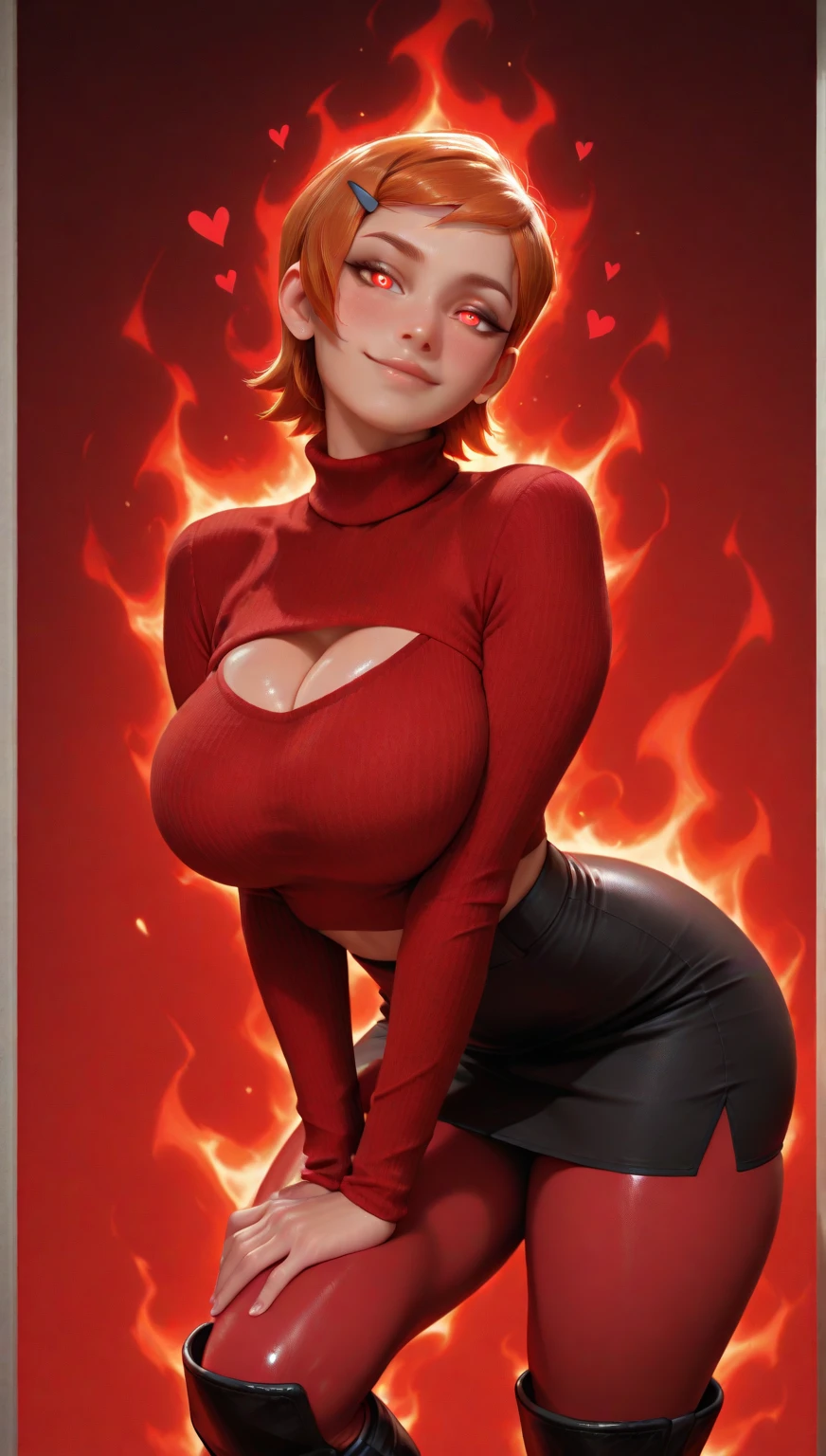 (masterpiece:1.3), (highly detailed:1.3), (highres:1.1), best quality, Ultra-detail, 1girl, solo, looking at viewer, fiery tail, wolf ears, Sinder vtuber, cleavage, standing, excited, red top, black mini skirt, midriff, 