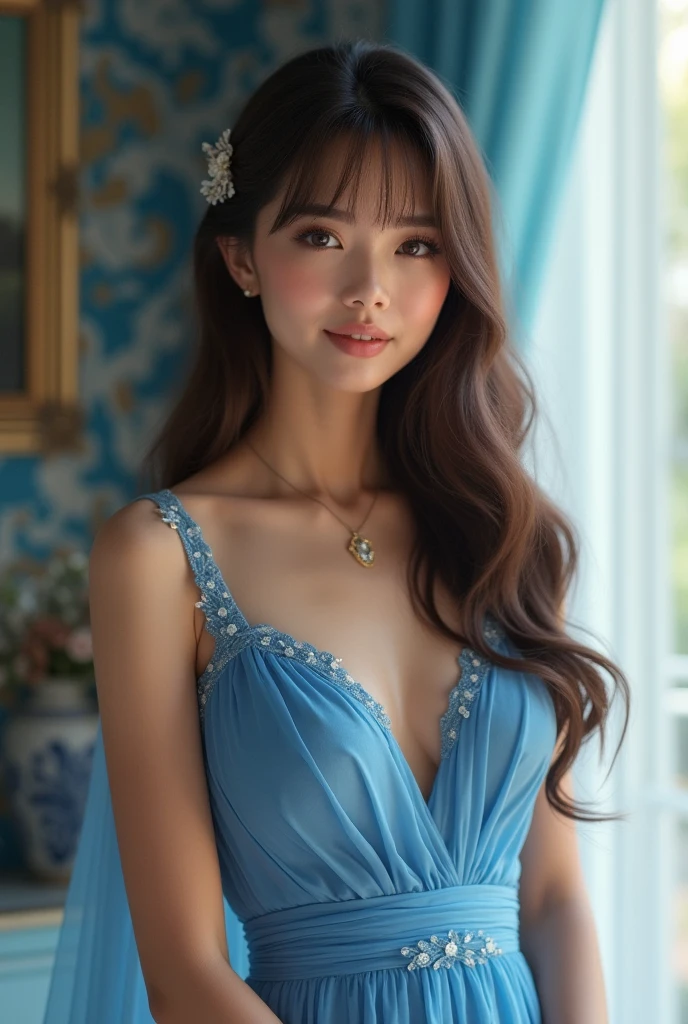 ((Beautiful girl in Japan:1.3)) ((blue silk mini nightgown:1.4)) ((pantyshot:1.5)) ((In the hotel room)),((Gold necklace_Large earrings:1.3)) ((brown super long hair:1.2))((loose and wavy hair:1.3))((Thin_fabric:1.4)) ((Random sexy poses:1.3)) ((full of sweat:1.5))((with a flushed face:1.4)) ((Medium milk:1.4)) ((close-up:1.2)) Best Quality,masutepiece,超A high resolution,(Photorealistic:1.4),Raw photo,(Authentic skin texture:1.3),(Film grain:1.anorama,Character Portrait,Very Wide Shot,Narrow waist,Cowboy Shot,(In the Dark, deepshadow, lowkey, cold light,) Night,(()),Streaming Tears,,Dust,Tindall Effect,(expression),1girl in,beautiful detailed eyes and face,White Jabot,Brown eyebrows:1.2)) ((Full body:1.3)) ((Smile:1.3))