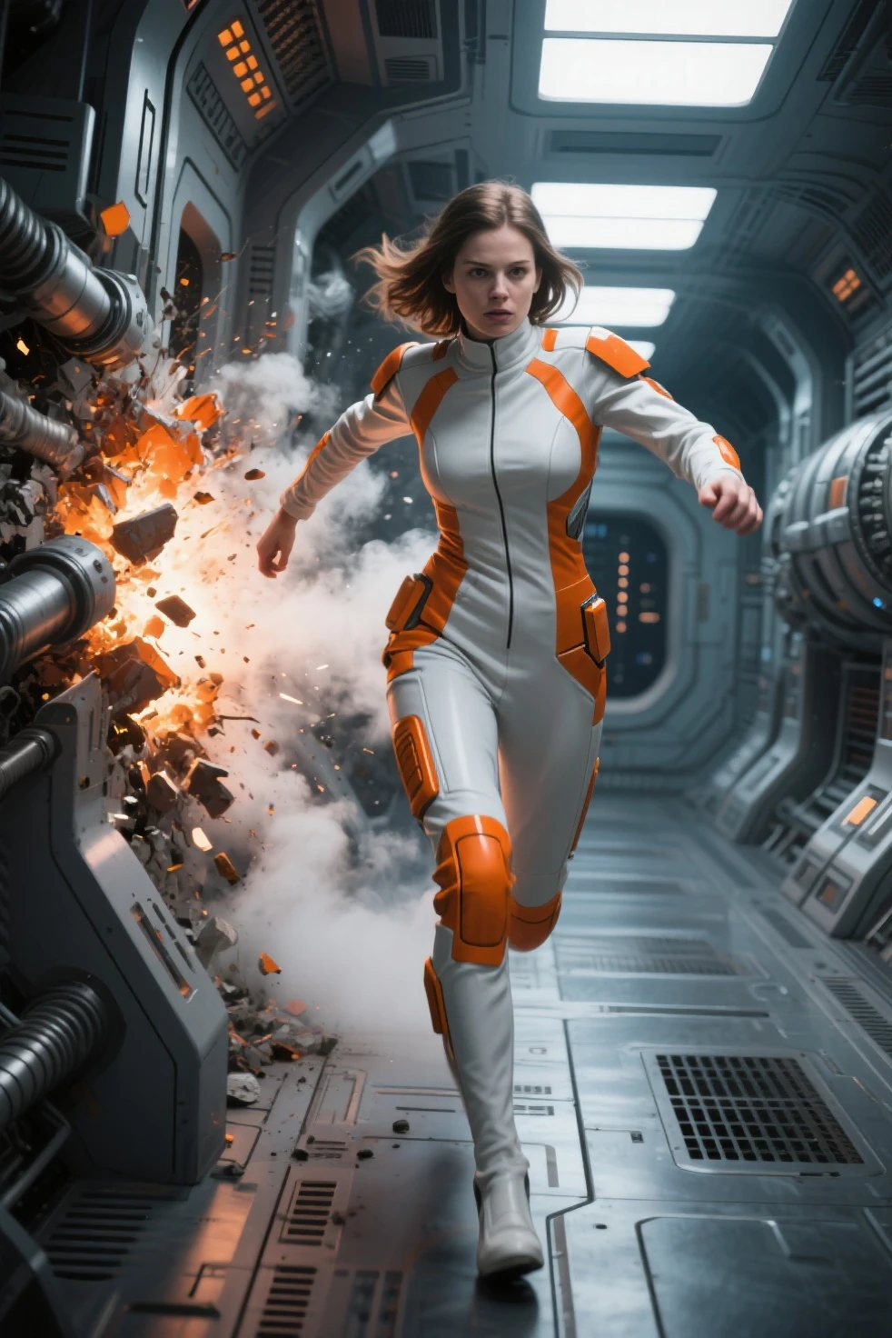 Pictures from movies A female warrior wears a high-tech white body suit with a clear message. “Alisa” carries a plasma gun that fires red beams at the aliens. The background is inside an outer space research station. Beautiful pictures, bright and interesting shadows.