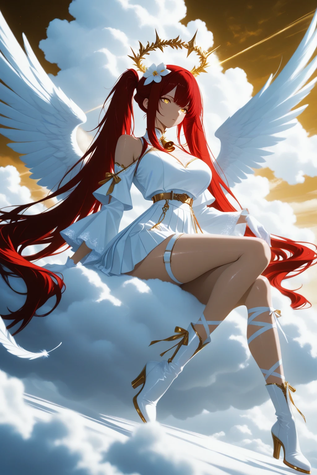 1 girl ,golden eyes , very long hair , long sidelocks, red hair , petite , very cute , beautiful ,Straight hair, cool, handsome, hair ween eyes, , mediumlarge , cool, wings, huge angelwings, halo, beautiful,  flower crown, white vintage Pleated crop blouse with bell sleeves and  shoulders, long white skirt with ruffles, white heeled boots, white gloves, Delicate belt chains with feather jewelry, white theme, sky , leg ribbon,  solo, full body, half lying, Clouds throne, sitting on Clouds throne, big huge Clouds throne, A throne of clouds, huge big curly twintails, in the air,  ((dynamic angle)), dynamic pose, outdoors, nature,  masterpiece, best quality, amazing quality, very aesthetic, 8k, HDR, cinematic, 