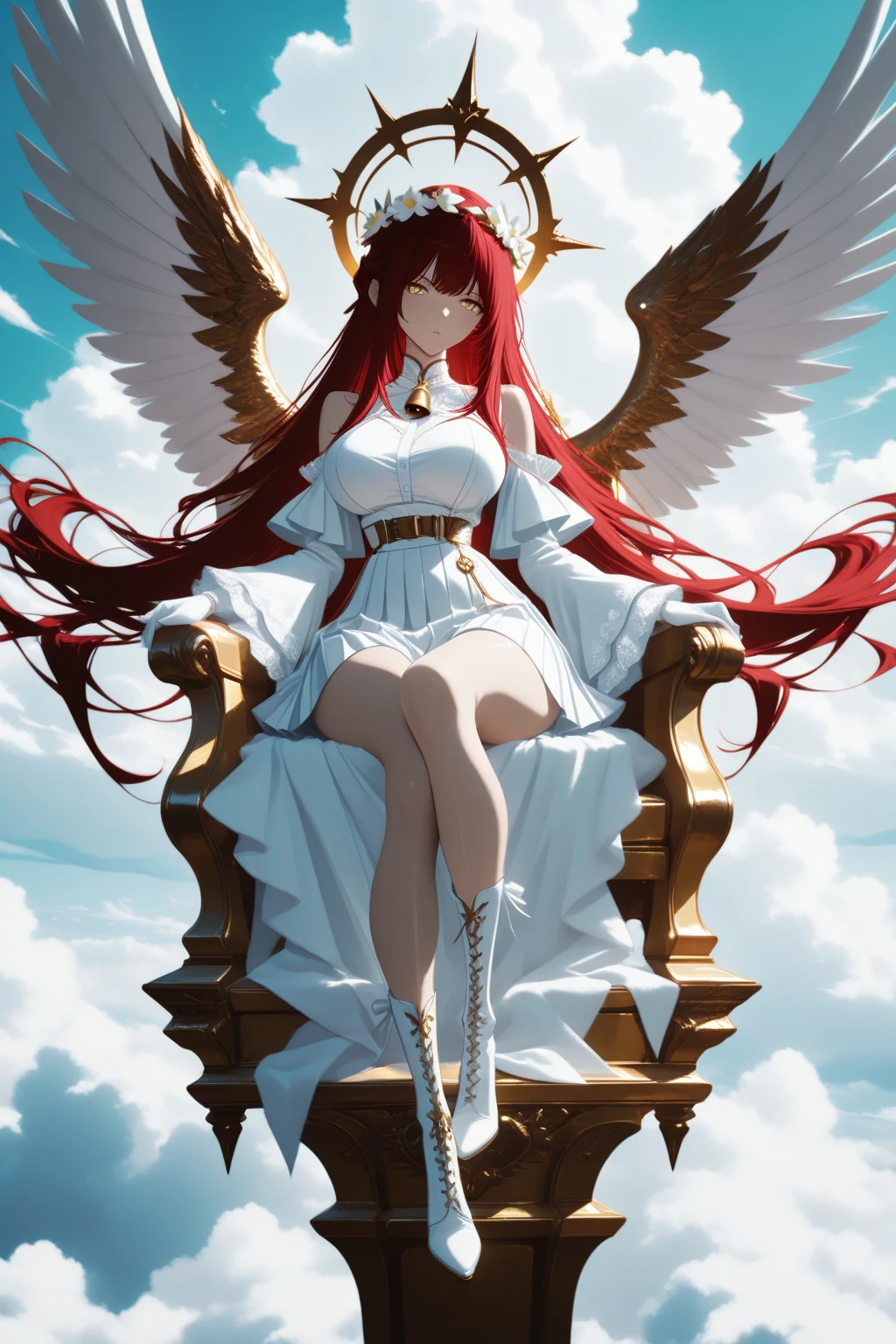 1 girl ,golden eyes , very long hair , long sidelocks, red hair , petite , very cute , beautiful ,Straight hair, cool, handsome, hair ween eyes, , mediumlarge , cool, wings, huge angelwings, halo, beautiful,  flower crown, white vintage Pleated crop blouse with bell sleeves and  shoulders, long white skirt with ruffles, white heeled boots, white gloves, Delicate belt chains with feather jewelry, white theme, sky , leg ribbon,  solo, full body, half lying, Clouds throne, sitting on Clouds throne, big huge Clouds throne, A throne of clouds, huge big curly twintails, in the air,  ((dynamic angle)), dynamic pose, outdoors, nature,  masterpiece, best quality, amazing quality, very aesthetic, 8k, HDR, cinematic, 