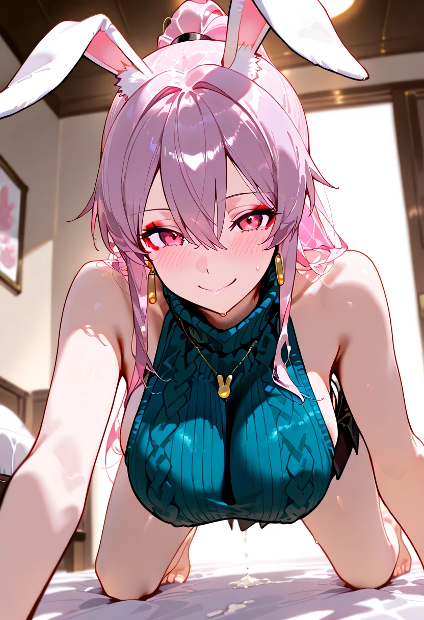 masterpiece, best quality,((ultra-detailed)), (illustration), ((an extremely delicate and beautiful)), solo, calm Expression (beautiful detailed eyes),(bright eyes) ,(detailed light),(well detailed background) (best quality), (high quality), 1girl, solo , alhaitham \(genshin impact\), looking the viewer, short hair, grey hair, green eyes, bright eyes, large breasts, hair over one eye, headphones, lingerie, indoor, bedroom, smirk, makeup, woman laying on bed , erotic breasts, (((breasts groping))), cleavage, topless, erotic