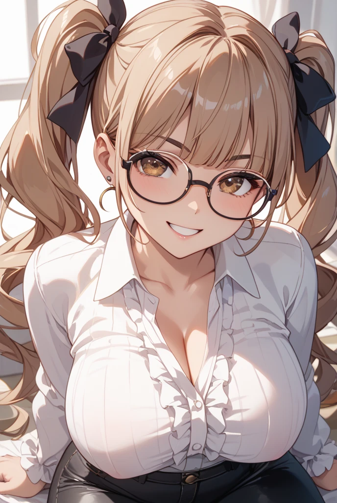 (Tabletop:1.0), (highest quality:1.4), (High resolution:1.2), From the side,Sharp contours,  boyish, highest quality, masterpiece,Glasses,Voice of the Heart,20-year-old woman,yandere,Big Breasts,Chest to chest,Lying face down,Upper Body,Ecstasy,blush,Squint your eyes,Heterochromia iridis