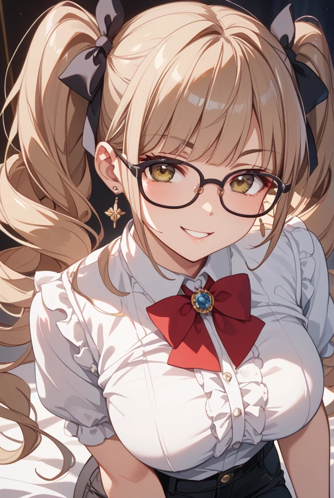 masterpiece, best quality, purah, red glasses, hair ornament, white jacket, sleeveless shirt, black skirt, upper body, from above, looking at viewer, smile, open mouth, furrowed brow, rustic village