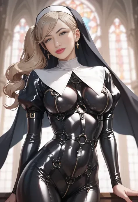 best quality,masterpiece,highres,extremely detailed cg unity 8k wallpaper,photorealistic,red background,1girl,solo,looking at viewer,sitting,full body,lemon0033,bodysuit,gloves,nun,veil,cross necklace,(glossy shiny skin:1.2),(latex skin:1.2),