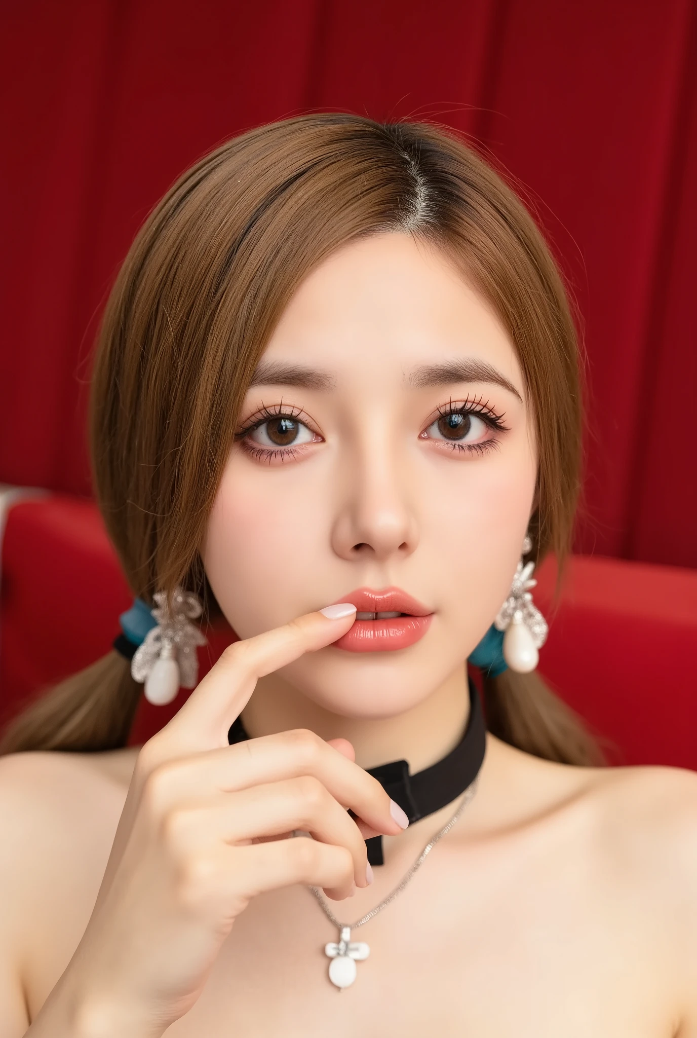 1 woman in f, multicolored eyes, unique , flower, jewelry, Red Background, Long hair, necklace, bracelet, hair flower,  Red-haired Girl , looking at the audience , hair accessories, simple background, Upper body, teeth, multicolo Red-haired Girl , Bangs, Hold your finger to your mouth , Raise your hand, collarbone, cosmetic, necklace, nail,  Split lips  , Eyeshadow, red eyes, blue hair, white flower, Gradient Eyes, 茶flower, shows off your shoulders , Branches, puts his finger in his mouth, facial markings , leaf , masterpiece, Best Quality ,Fashion,