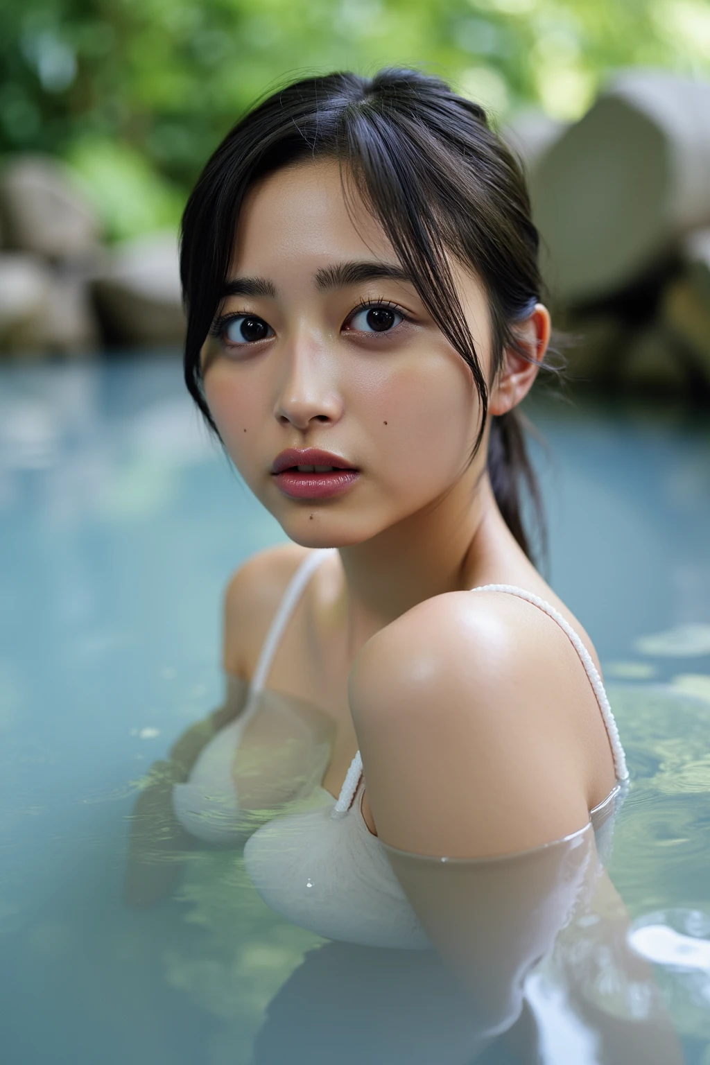 (8K, Best Quality, Masterpiece: 1.2), (Realistic, Photorealistic: 1.37), Ultra Detailed, Soft Light, One Girl, Cute, Solo, Beautiful Details Sky, Open Window, Blush, Pink Cheeks, (Shy Face: 1.15), (Shut Up), (Skinny: 1.7), (Flat Chest: 1.9), (Small Breast: 1.9), (Small Breast: 1.9), Beautiful delicate eyes, beautiful delicate nose, rain, (medium hair: 1.5), puffy novafrog style, visible, (black hair), squinted, thin eyebrows, mature face, ((towel slippery, wet skin, wet hair, wet face, disheveled hair)), arms spread, legs spreading)), open-air bath, Japan hot spring, hot spring, night