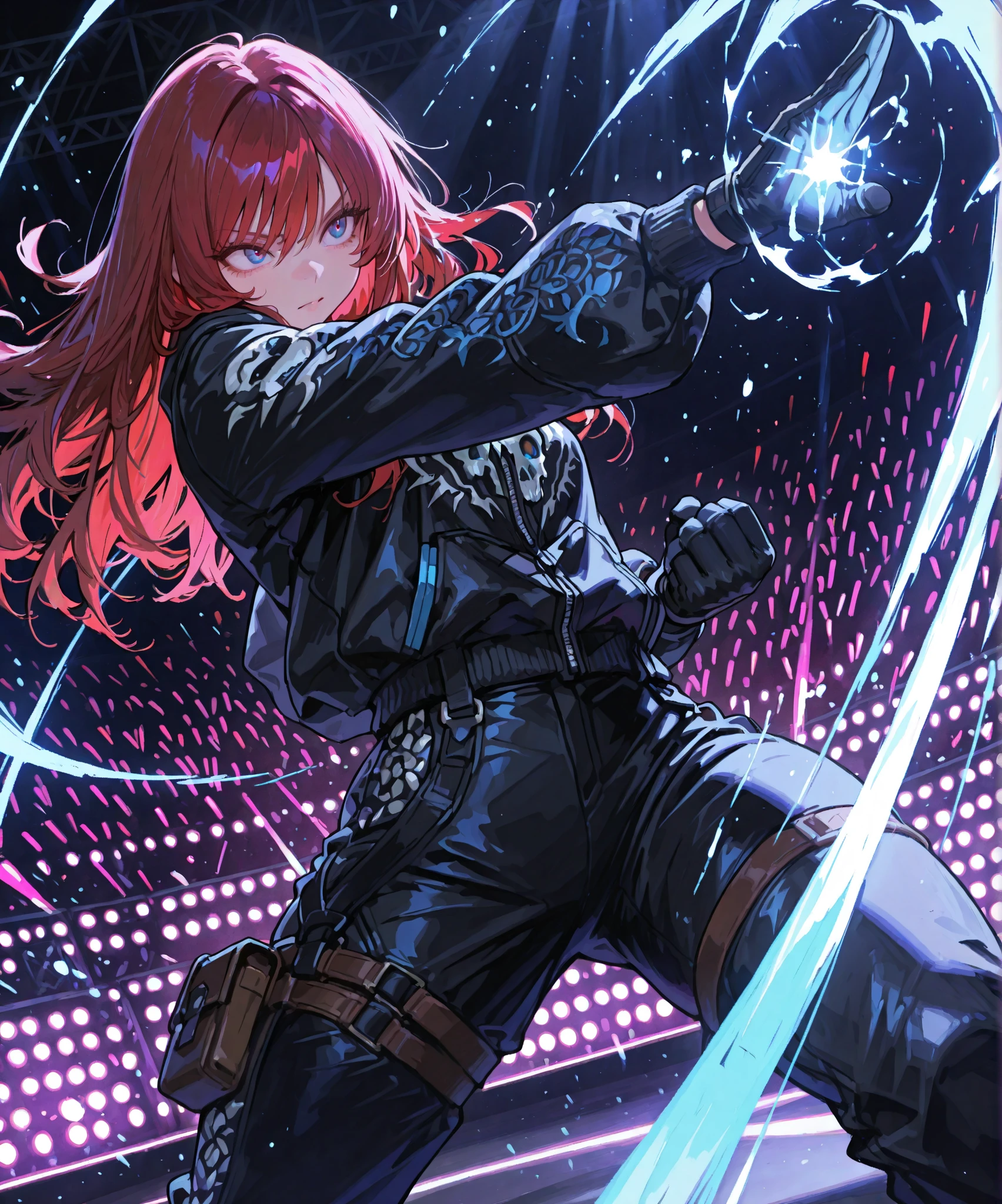 Best Quality, extremely high resolution He transports me to a cyberpunk world full of mystery and futurism. I imagine this girl(Only one) anime on his cyberpunk motorcycle, surrounded by neon lights in a night city. His purple and black suit.., The shiny chains and her red hair create an intriguing image... The motorcycle, with its shiny surface and cat-shaped helmet, adds a touch of enigma. She is ready for an exciting night adventure..!! 