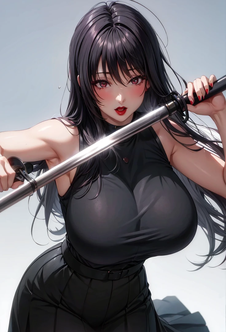 A 20-year-old woman,defined body,Samurai,eyes black,long dark blue hair,skin fair,left eye patch,roupas Samurais longas,using cloaks,holding a longsword,water powers 