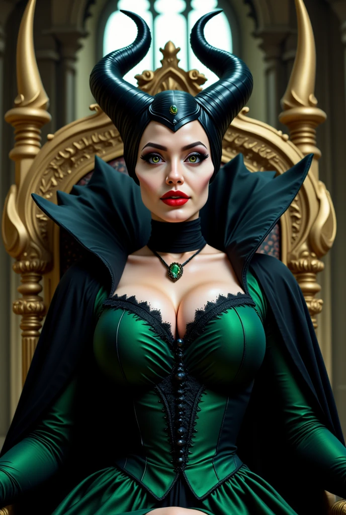 ultra-realistic 8k CG, masterpiece, ((ultra detailed background, fine drawing, intricate details, high detail, fine details of better quality, hyper-detailed face)), (photorealistic: 1.6), beautiful lighting, absurdity, RAW photo, film grain,1girl, ((huge_breast: 1.6)), ((purple dark hair)), green eyes, ((massive cleavage)), face and bust portrait,((maleficent)), black leather bikini, gray skin