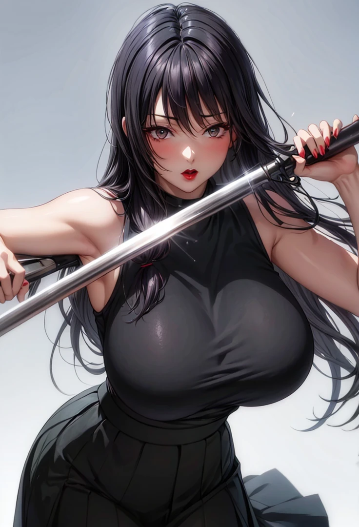nari, black eyes, black hair, long hair, big breasts, p , long barbell earrings ,school dress