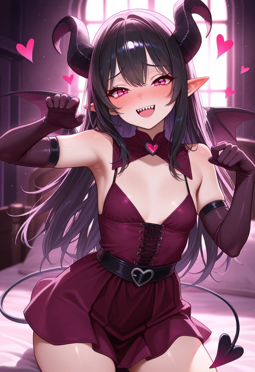 tachi-e, game cg, Highly detailed and realistic CG, Colorful, Masterpiece, Best Quality, jewel-like eyes, 1girl, solo, black hair, shiny hair, long straight hair, very long twintails, slender, skinny legs, succubus girl,succubus luxury dress, mini skirt, succubus boots, aqua blue eyes, flat chest, black elbow gloves, latex, smirk, smile, jitome, half-closed eyes, tsurime, simple background, from pov, best quality eyes, sharp teeth, tsundere, standing, contrapposto, hand on hip, (shiny skin:1.0), succubus wings, succubus tail, mesugaki, teasing, smug, cute girl, , open mouth, fangs, tongue out, pointy ears, pink heart tattoo, (Sharp Focus:1.2), Thin arms, Thin legs, outline, Evil Female Executive Succubus,