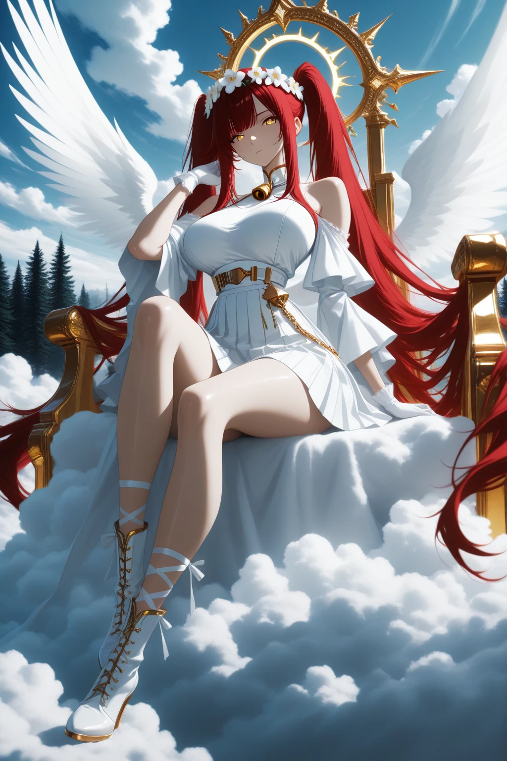 1 girl ,golden eyes , very long hair , long sidelocks, red hair , petite , very cute , beautiful ,Straight hair, cool, handsome, hair ween eyes, , mediumlarge , cool, wings, huge angelwings, halo, beautiful,  flower crown, white vintage Pleated crop blouse with bell sleeves and  shoulders, long white skirt with ruffles, white heeled boots, white gloves, Delicate belt chains with feather jewelry, white theme, sky , leg ribbon,  solo, full body, half lying, Clouds throne, sitting on Clouds throne, big huge Clouds throne, A throne of clouds, huge big curly twintails, in the air,  ((dynamic angle)), dynamic pose, outdoors, nature,  masterpiece, best quality, amazing quality, very aesthetic, 8k, HDR, cinematic, 