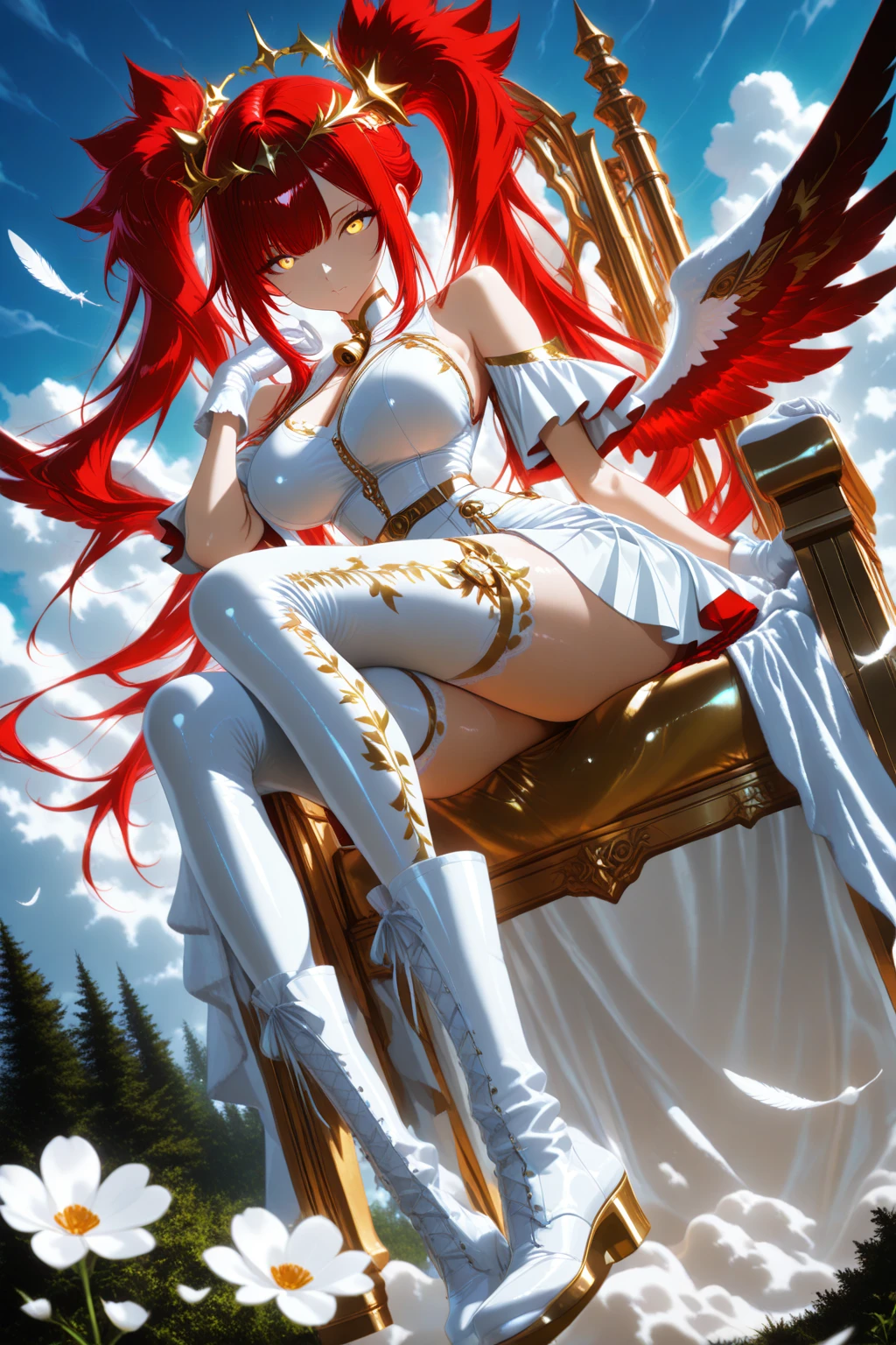 1 girl ,golden eyes , very long hair , long sidelocks, red hair , petite , very cute , beautiful ,Straight hair, cool, handsome, hair ween eyes, , mediumlarge , cool, wings, huge angelwings, halo, beautiful,  flower crown, white vintage Pleated crop blouse with bell sleeves and  shoulders, long white skirt with ruffles, white heeled boots, white gloves, Delicate belt chains with feather jewelry, white theme, sky , leg ribbon,  solo, full body, half lying, Clouds throne, sitting on Clouds throne, big huge Clouds throne, A throne of clouds, huge big curly twintails, in the air,  ((dynamic angle)), dynamic pose, outdoors, nature,  masterpiece, best quality, amazing quality, very aesthetic, 8k, HDR, cinematic, 