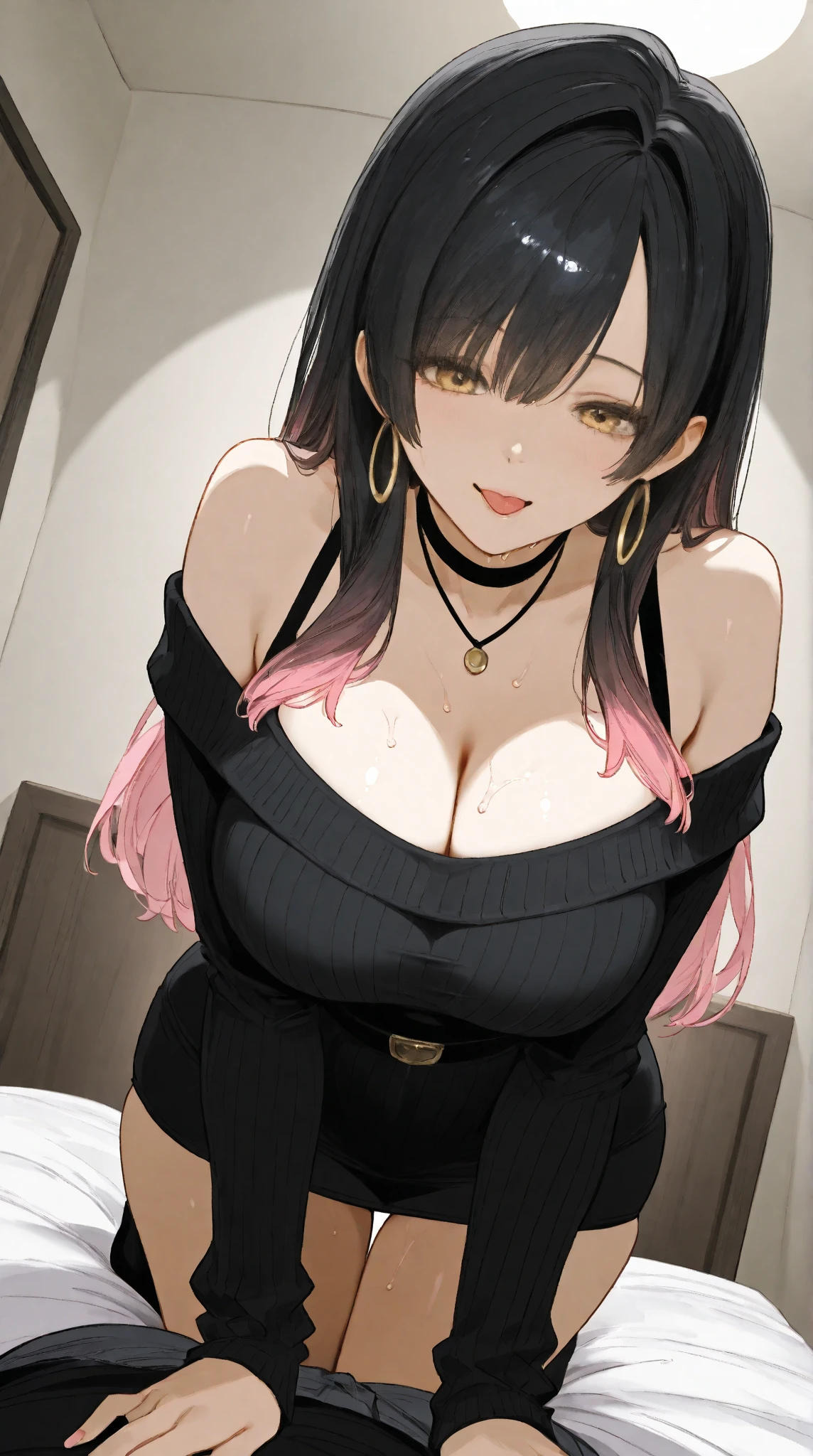 black hair, purple highlights, twin drills, one girl, massive breasts, very long hair, bedroom, open cut pink sweater with red lace bra and light black leggings, masterpiece, ultra high quality