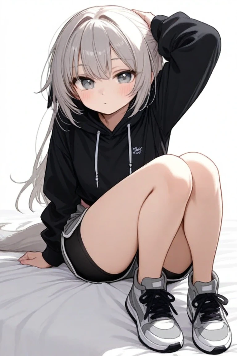 masterpiece, top quality, super detailed, CG illustration, high resolution, better lighting, best shadows, very delicate and beautiful, proper shading, hd, 8k,1girl, solo, blush, smile, open mouth, simple background,long hair, white hair, white background, jacket, full body, pantyhose, shoes, shorts, Bloodred eyes, sneakers, striped pantyhose, vertical-striped pantyhose