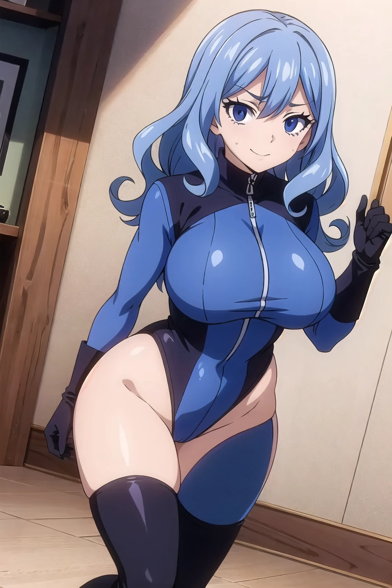 masterpiece, best quality, absurdres, 8k, perfect shadows,perfect lighting,hdr, cowboy shot,shiny skin,skindentation, beautiful body, NamiFinal, ((blue hair: 1.4)), long hair, violet eyes,  ((helloutfit:1.1), underboob, elbow gloves, thigh boots, highleg panties, bare shoulders, curvy, midriff, curvy, thighs, higheels, shiny clothes), complex detailed background, inside, luxury palace) (gigantic breasts,hourglass body, thin waist,very slim waist)extremely detailed face,detailed eye makeup, detail face, nice detailed eyes,nice hands, perfect hands (realistic pupils,realistic iris:1) heavy eye makeup,glowing eyes, Bright eyes,standing,standing at attention,(seductive smile), gigantic breasts, curvy