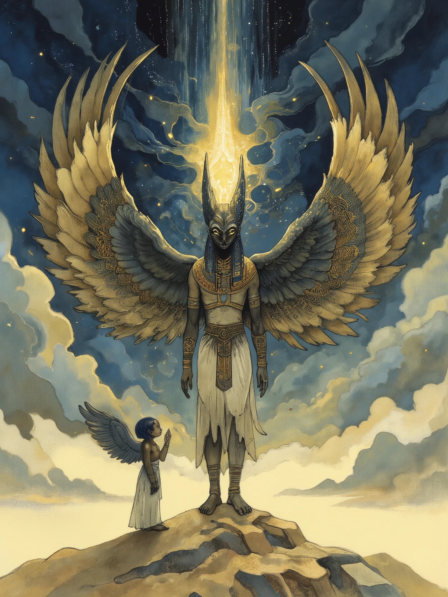 very sophisticated, (greatwork), (best quality), (ultra-detailed), very aesthetic, absurdres, perfect composition, realistic illustration, intricate details, (golden ratio design),
BREAK
The ancient Egyptian god Horus is depicted with his enormous wings spread wide enough to reach the horizon in a cloudless sky. The infant Har-pa-khered stands on the ground, he is making a shushing gesture. This is a sign that the image cannot be generated because there are too many prohibited words. This work beautifully harmonizes the gradations of the sky and earth and the majestic light scattered by the falcon, creating a fantastical atmosphere. The art style is a collaboration between Nikolai Roerich and dark Ghibli art.