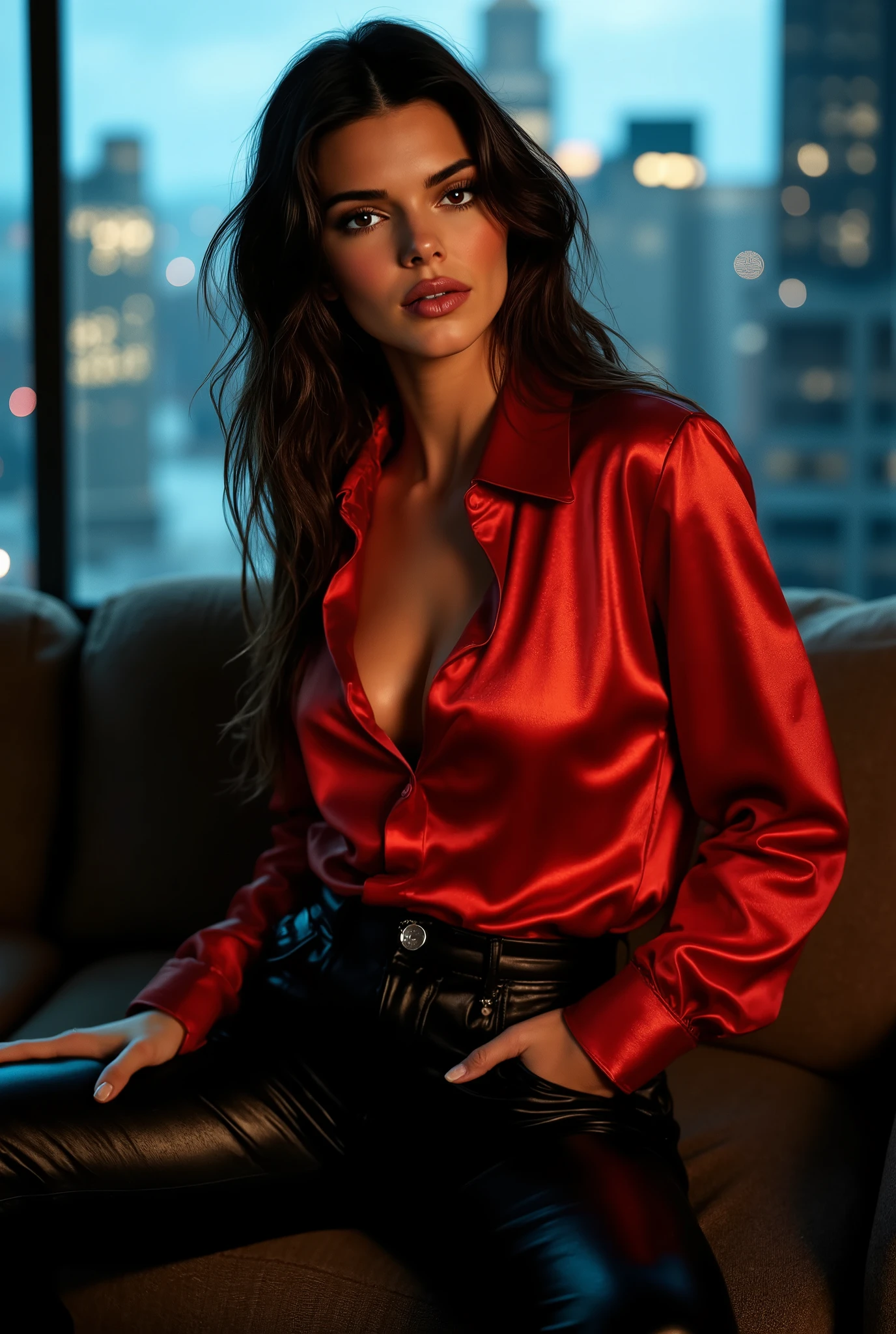 sexy candid detailed raw photo:1.1, gorgeous business woman posing, long wavy hair, wearing a shiny red silk satin shirt, teasing, spread legs, gorgeous eyes, high arched eyebrows, seductive look, black leather pants, cleavage, detailxl, midnight modern luxary corner office, city skyline, spot lighting, backlight on hair, shallow depth of field, bokeh, sexy