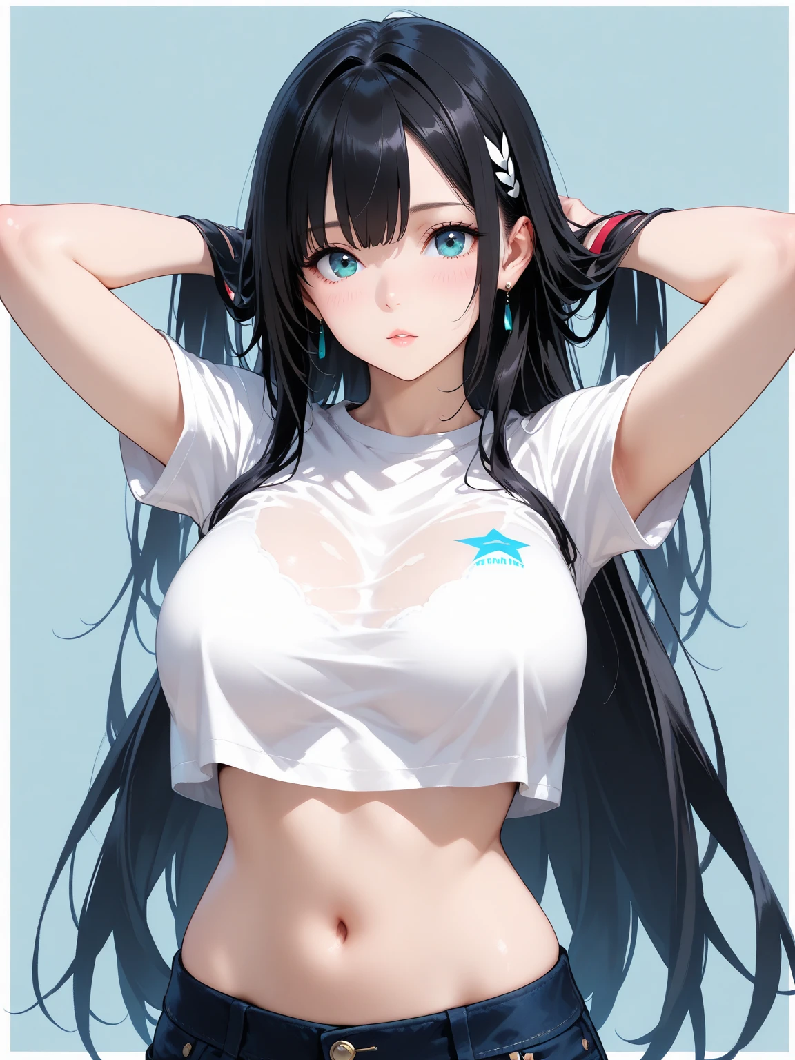 gymnastic suit、White gymnastics shirt with round neck、Breasts are big、Navel Ejection、high cut black buruma