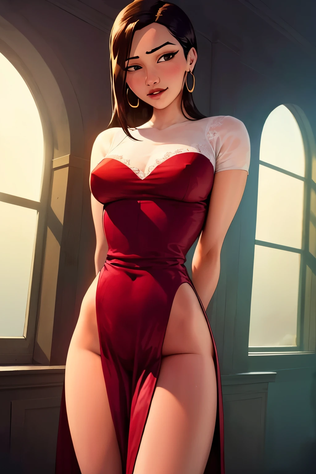 garota, suor, medium chest, shy, detailed hand, olhando para o espectador, separated lips, dynamic shadows, roupas transparentes, leve sorriso
