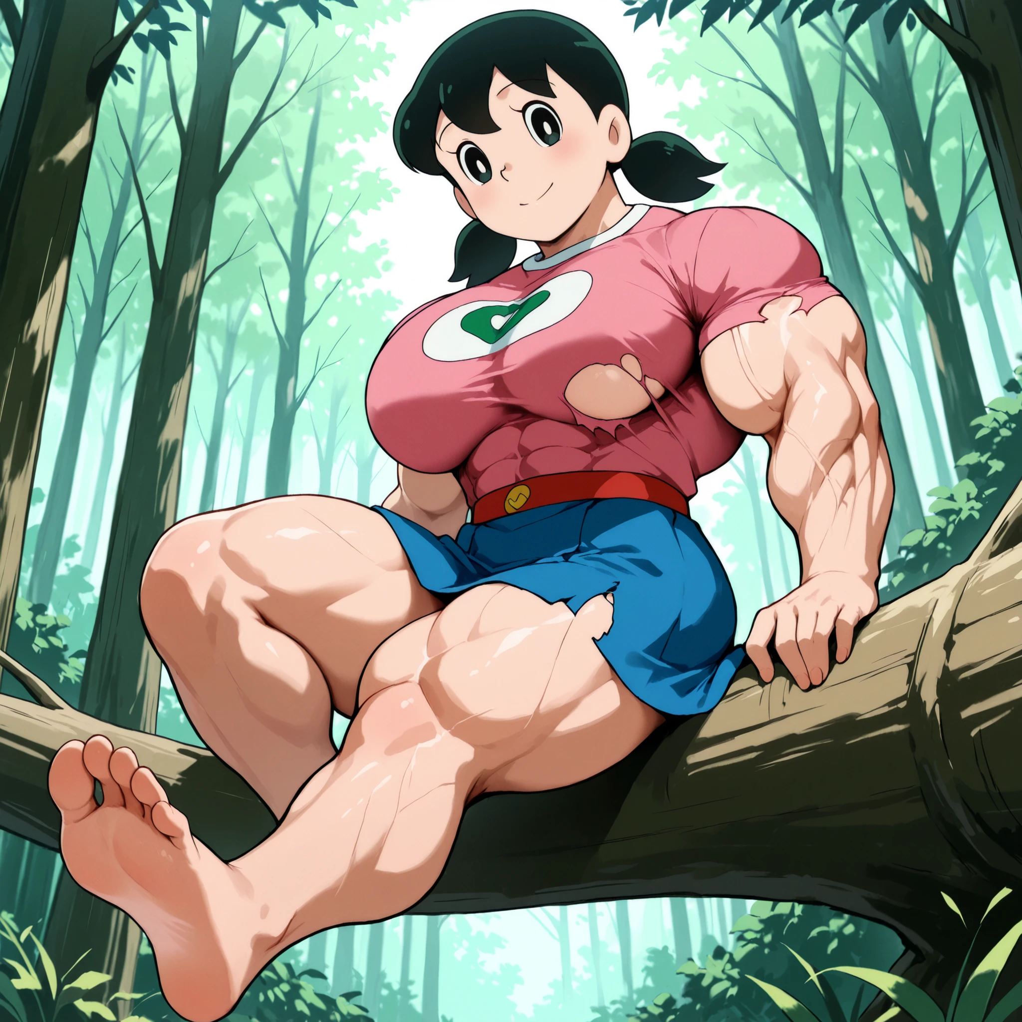 score_9, source_anime, rating_safe BREAK 1girl, solo, minamoto shizuka \(doraemon\), black hair, low twintails , short twintails, black eyes, smile, white solo, long Shot, looking at viewer, eye level shot, big pec's, over-sized breast ,pink t-shirt and blue skirt, white coller, torn clothe's, no on and sticker, torn clothes bare foot, sitting on tree, upper body shot, long shot, tight abs, big shoulder's ,Big leg's, Thick muscle thigh, calvs, detailed muscle's, detailed muscle's, lat spread, big bicep's, full body, forest , masterpiece, TOP QUALITY, amazing image quality'