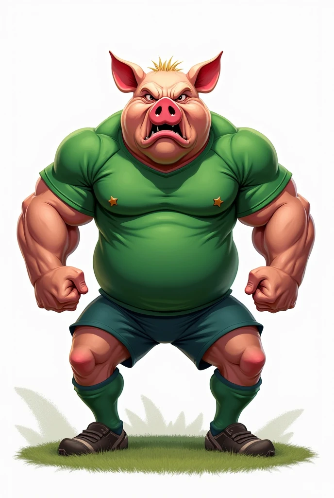 A muscular pig, with a defined gym belly, puffed out chest and no shirt, green tattoos, crossing his arms above his head and pointing the middle finger of both hands, inside a soccer stadium