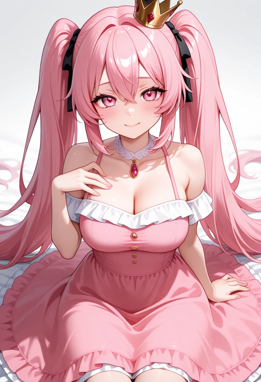 1girl,cleavage,alone, Pink Hair, Short kimono, blue eyes, hair ornaments, Very long hair, Black sleeves, Sleeveless, kimono, bow, Black kimono, hair bow, ponytail, Floating Hair, Hair between the eyes, Big Breasts, Sheet, Spaceship, smile, on the bed,bedroom,lying,((realistic white lace panties)),
break masterpiece ,8k unity wallpaper,anime key visual,highest quality, High resolution,  (shape:0.8),anime coloring,black outline,
highly detailed face, detailed eyes,growing eyes,shiny skin,fine skin,white skin,dense skin,detailed hair,highly detailed legs,
perfect lighting, Detailed CG, 
(perfect hands, perfect anatomy),High resolution,
Break slender limbs, delicate curves, dainty hands,figure:0.8,