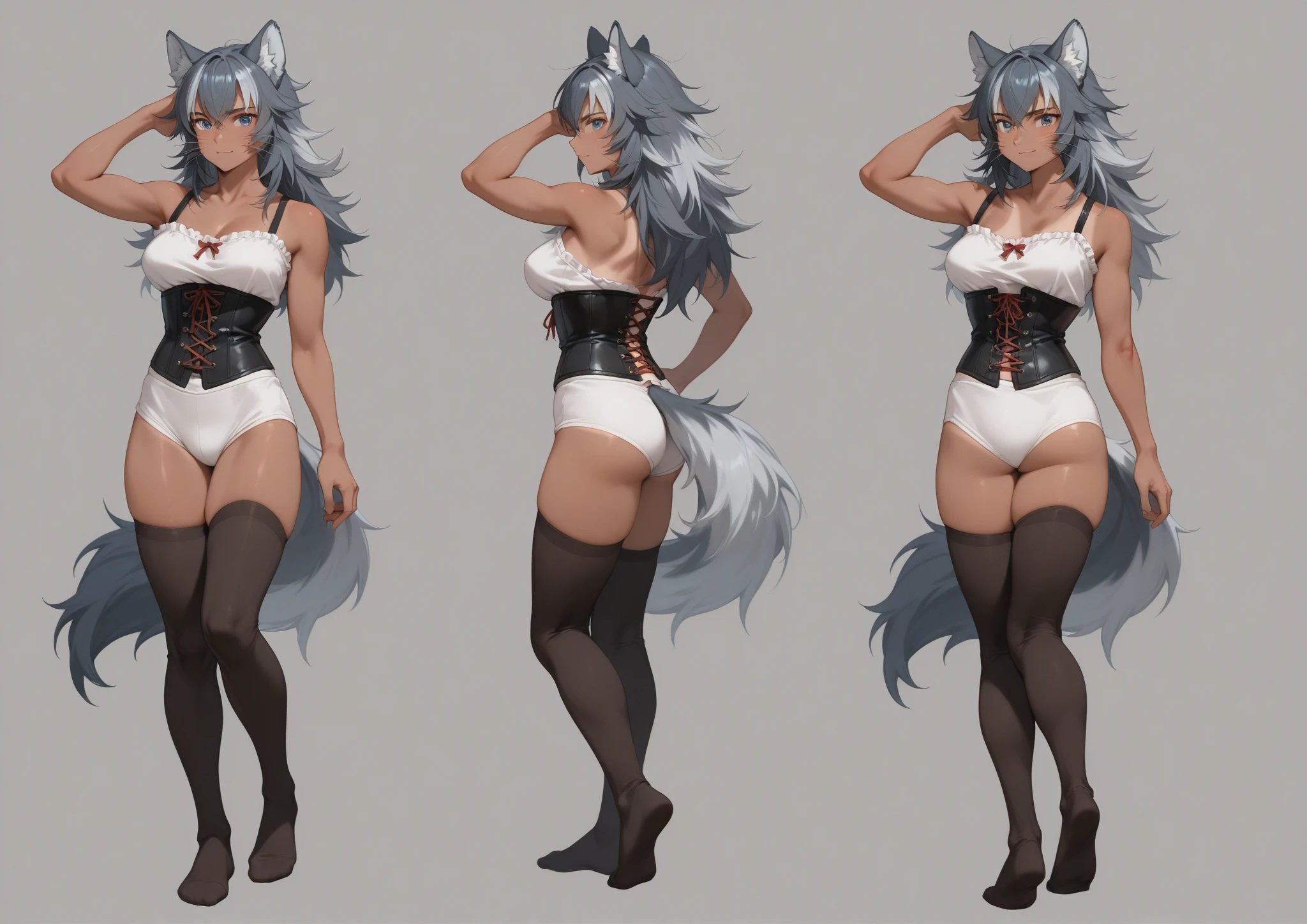 1girl, reference sheet, matching outfit, (fantasy character design, front angles, side angles, rear angles) Alistair, Demi-Human character design. Lithe and agile frame, feminine appearance. Striking emerald eyes with a mischievous glint, gemstone eye patch, eyepatch, eye-patch, seductive, lingerie. Midnight black, curve-accentuating, comfortable. Bra with delicate lace detailing, C-cup size, excellent support. Matching panties for complete ensemble, hint of magical prowess. Long jet-black hair, intricate arcane symbols on attire. Wolf-like ears and tail, distinctive Demi-Human features. (masterpiece:1.2), (best quality:1.3).