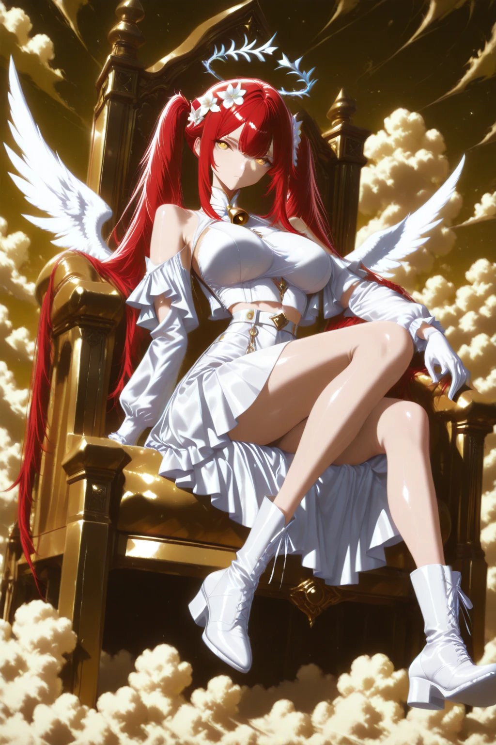 1 girl ,golden eyes , very long hair , long sidelocks, red hair , petite , very cute , beautiful ,Straight hair, cool, handsome, hair ween eyes, , mediumlarge , cool, wings, huge angelwings, halo, beautiful,  flower crown, white vintage Pleated crop blouse with bell sleeves and  shoulders, long white skirt with ruffles, white heeled boots, white gloves, Delicate belt chains with feather jewelry, white theme, sky , leg ribbon,  solo, full body, half lying, Clouds throne, sitting on Clouds throne, big huge Clouds throne, A throne of clouds, huge big curly twintails, in the air,  ((dynamic angle)), dynamic pose, outdoors, nature,  masterpiece, best quality, amazing quality, very aesthetic, 8k, HDR, cinematic, 