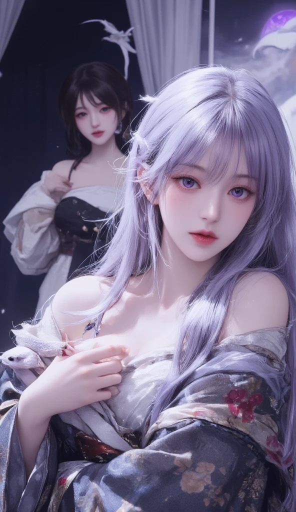 2girls, purple hair and white hair, ((masterpiece, best quality)), illustration, ultra detailed 8k, photorealistic, sharp focus, highly detailed, professional lighting, colorful details,