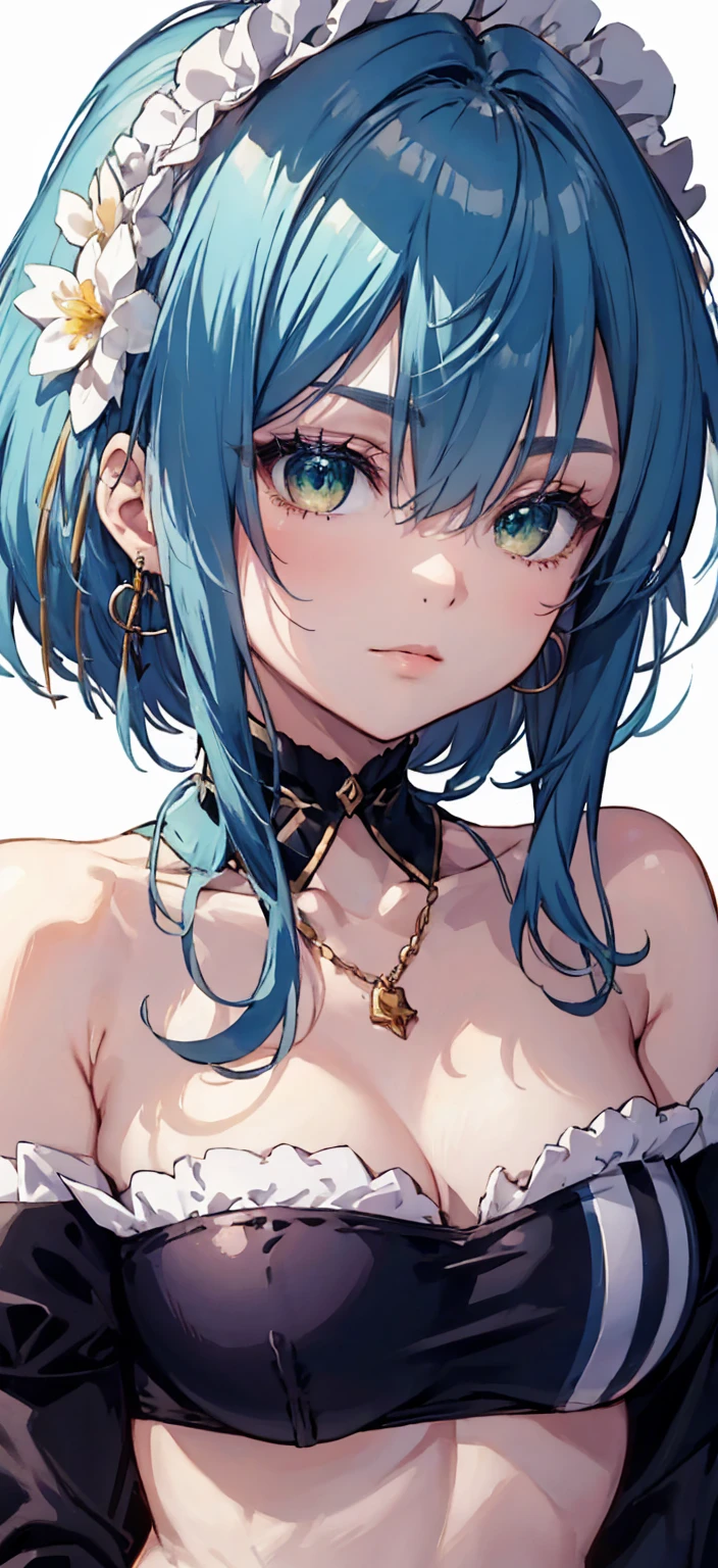 4K,8K,(masterpiece), (Highest quality), (Very detailed), (Disheveled Hair), (figure), (Cat ear girl), (topless), Are standing, Fashion Model, Looking at the audience, (interview), (Simple Background), Beautiful and beautiful eyes, Delicate and beautiful face, floating, (High saturation), (topless), topless, (shine), Focus on the face, ponytail, Ayaka Kamisato, Light blue hair, bangs, Hair Ring, floating flowers, floating hair, (The Shining), Best lighting, Best Shadow, topless