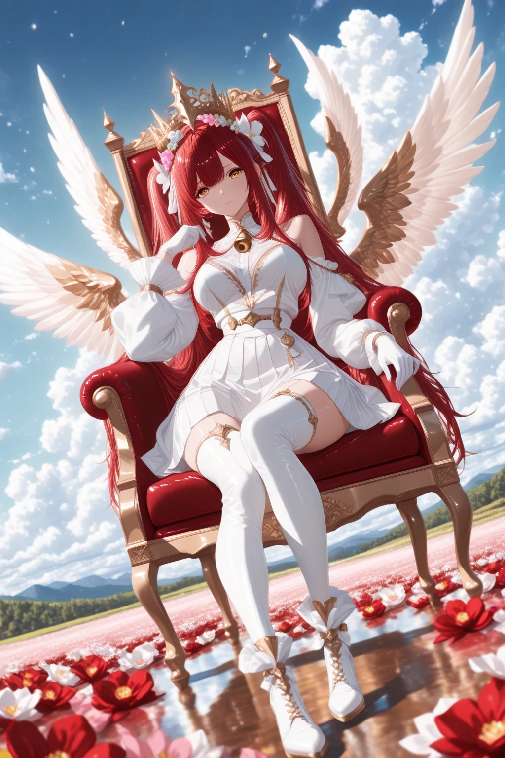 1 girl ,golden eyes , very long hair , long sidelocks, red hair , petite , very cute , beautiful ,Straight hair, cool, handsome, hair ween eyes, , mediumlarge , cool, wings, huge angelwings, halo, beautiful,  flower crown, white vintage Pleated crop blouse with bell sleeves and  shoulders, long white skirt with ruffles, white heeled boots, white gloves, Delicate belt chains with feather jewelry, white theme, sky , leg ribbon,  solo, full body, half lying, Clouds throne, sitting on Clouds throne, big huge Clouds throne, A throne of clouds, huge big curly twintails, in the air,  ((dynamic angle)), dynamic pose, outdoors, nature,  masterpiece, best quality, amazing quality, very aesthetic, 8k, HDR, cinematic, 
