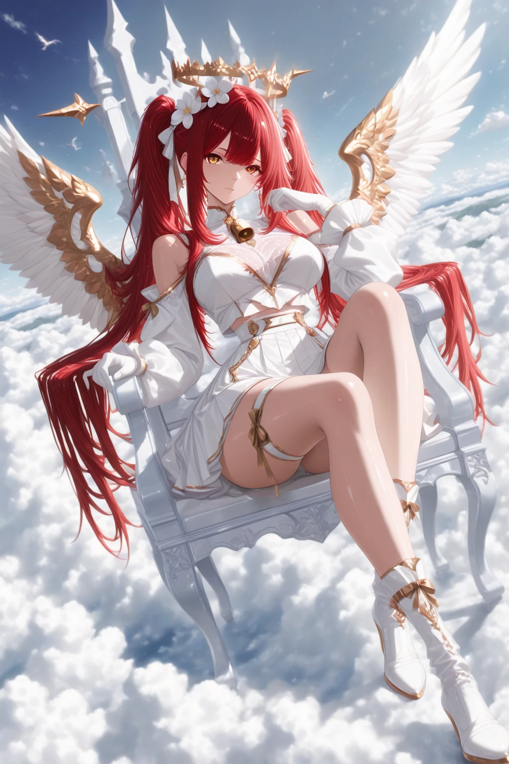 1 girl ,golden eyes , very long hair , long sidelocks, red hair , petite , very cute , beautiful ,Straight hair, cool, handsome, hair ween eyes, , mediumlarge , cool, wings, huge angelwings, halo, beautiful,  flower crown, white vintage Pleated crop blouse with bell sleeves and  shoulders, long white skirt with ruffles, white heeled boots, white gloves, Delicate belt chains with feather jewelry, white theme, sky , leg ribbon,  solo, full body, half lying, Clouds throne, sitting on Clouds throne, big huge Clouds throne, A throne of clouds, huge big curly twintails, in the air,  ((dynamic angle)), dynamic pose, outdoors, nature,  masterpiece, best quality, amazing quality, very aesthetic, 8k, HDR, cinematic, 