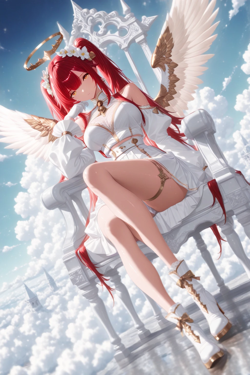 1 girl ,golden eyes , very long hair , long sidelocks, red hair , petite , very cute , beautiful ,Straight hair, cool, handsome, hair ween eyes, , mediumlarge , cool, wings, huge angelwings, halo, beautiful,  flower crown, white vintage Pleated crop blouse with bell sleeves and  shoulders, long white skirt with ruffles, white heeled boots, white gloves, Delicate belt chains with feather jewelry, white theme, sky , leg ribbon,  solo, full body, half lying, Clouds throne, sitting on Clouds throne, big huge Clouds throne, A throne of clouds, huge big curly twintails, in the air,  ((dynamic angle)), dynamic pose, outdoors, nature,  masterpiece, best quality, amazing quality, very aesthetic, 8k, HDR, cinematic, 