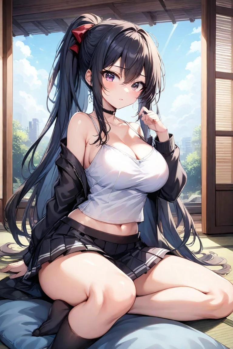Italian girl, long black hair, 25 years old, hyper super gigantic and mammoth breasts, thin, has wet breasts, wears a torn tight t-shirt that does not contain the breasts and a black pleated miniskirt, she is tied with ropes to a wall with some iron rings, arms are tense because of the ropes. each breast has ropes that bind, she has a lab coat she has a laboratory scenario with an orgy expression